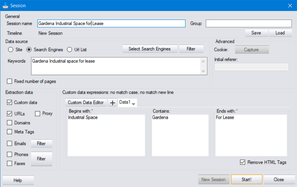 screenshot of web crawler UI